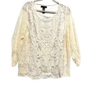 Womens 3X Plus Cream Lace Lined 3/4 Sleeve Boho Romantic Career Classy‎ top